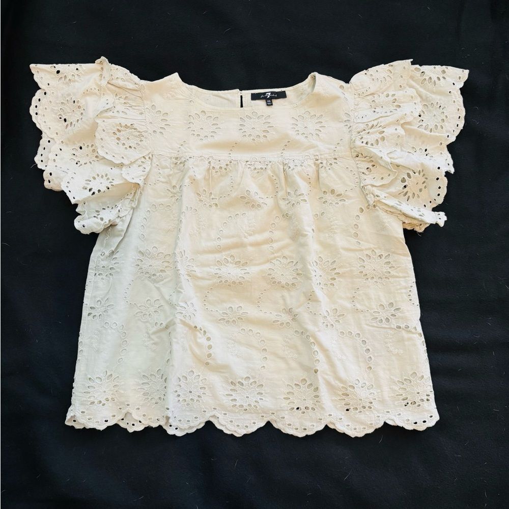 7 for All Mankind eyelet lace flutter sleeve top, XS romantic boho summer blouse